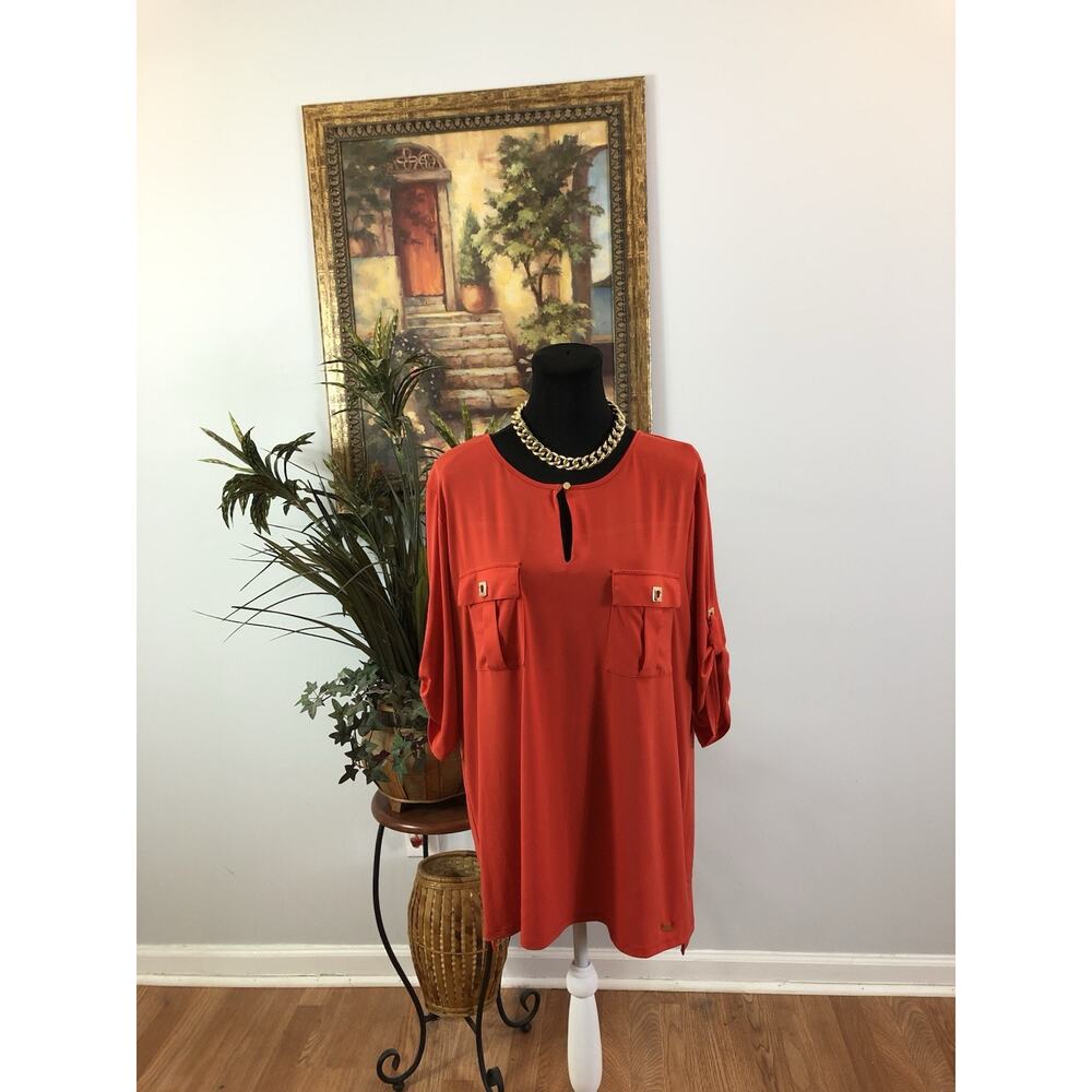 Ellen Tracy Women Blouse XL Short Sleeve Collarless Comfy Boxy Orange Boho Hippi